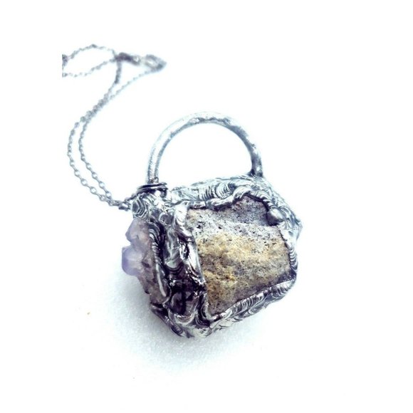 Huge Purple Flourite Octohedral crystal necklace  handmade gothic fantasy metal - Picture 10 of 12